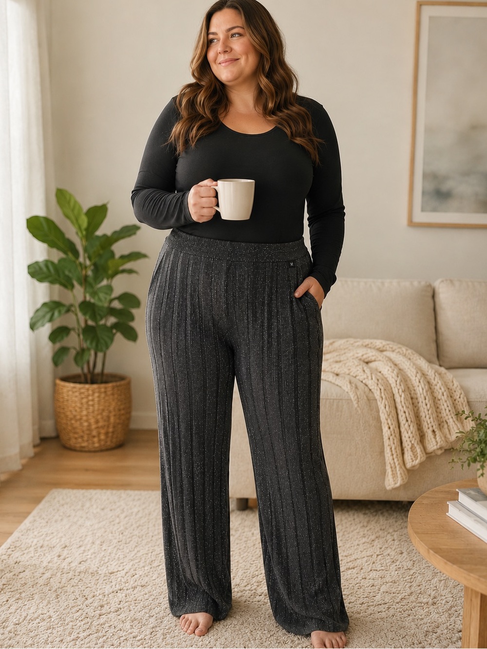 Barefoot Dreams CozyChic Ultra Lite Metallic Rib Wide Leg Pant Gray Carbon 1X